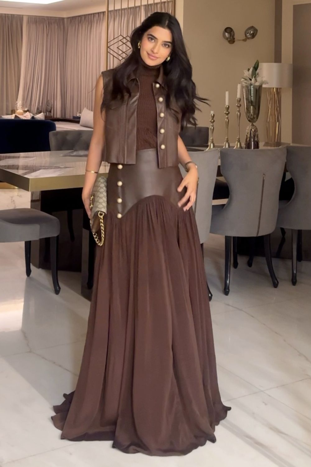 Bhavdeep Kaur In Our Brown Pleated Jacket & Skirt Set