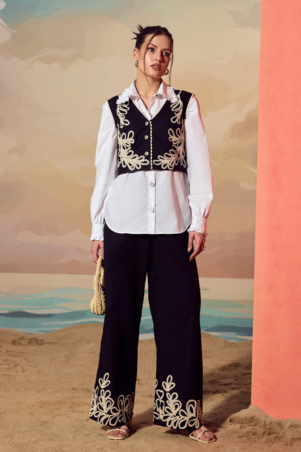 Black & White Cording Vest Set With Shirt