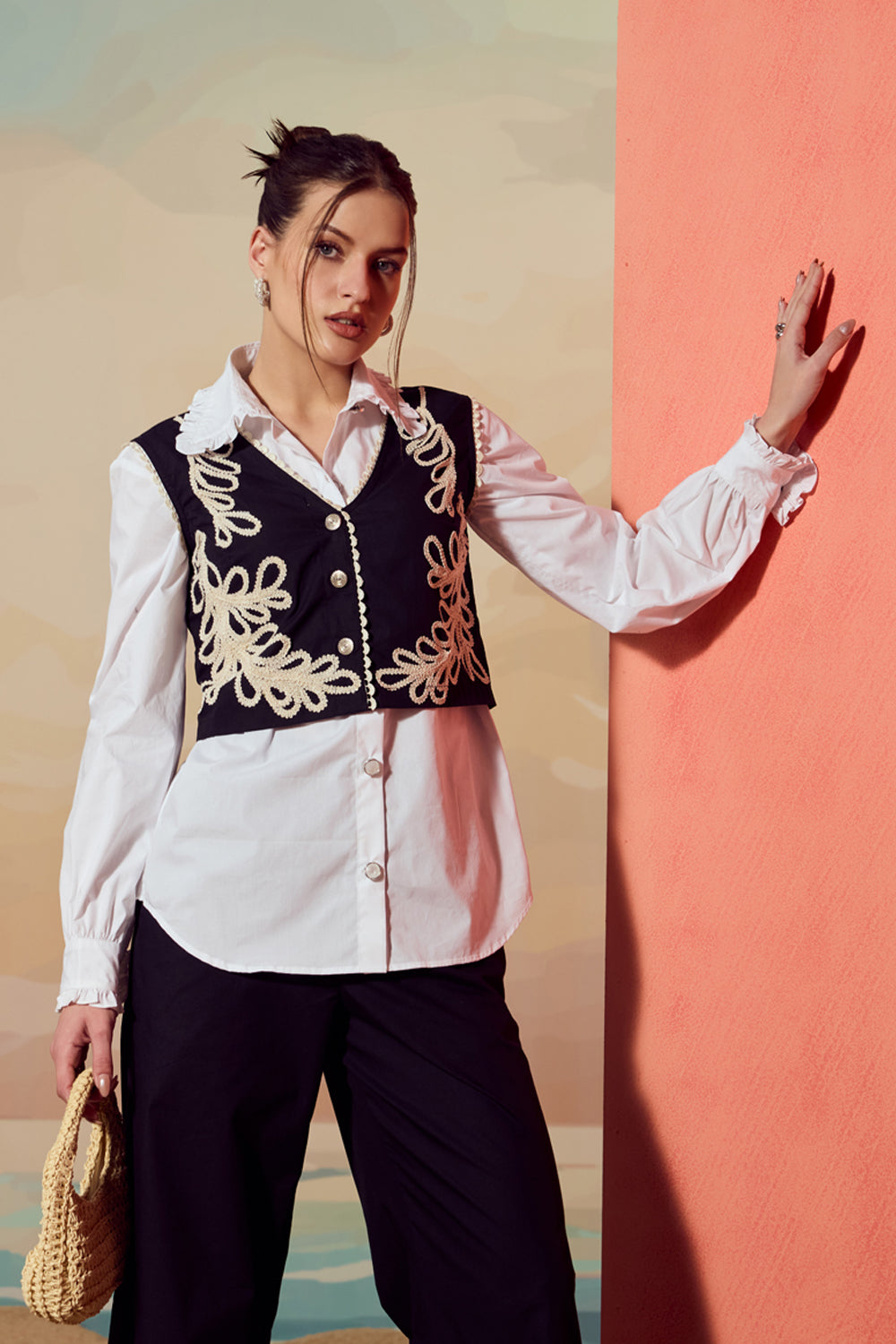 Black & White Cording Vest Set With Shirt