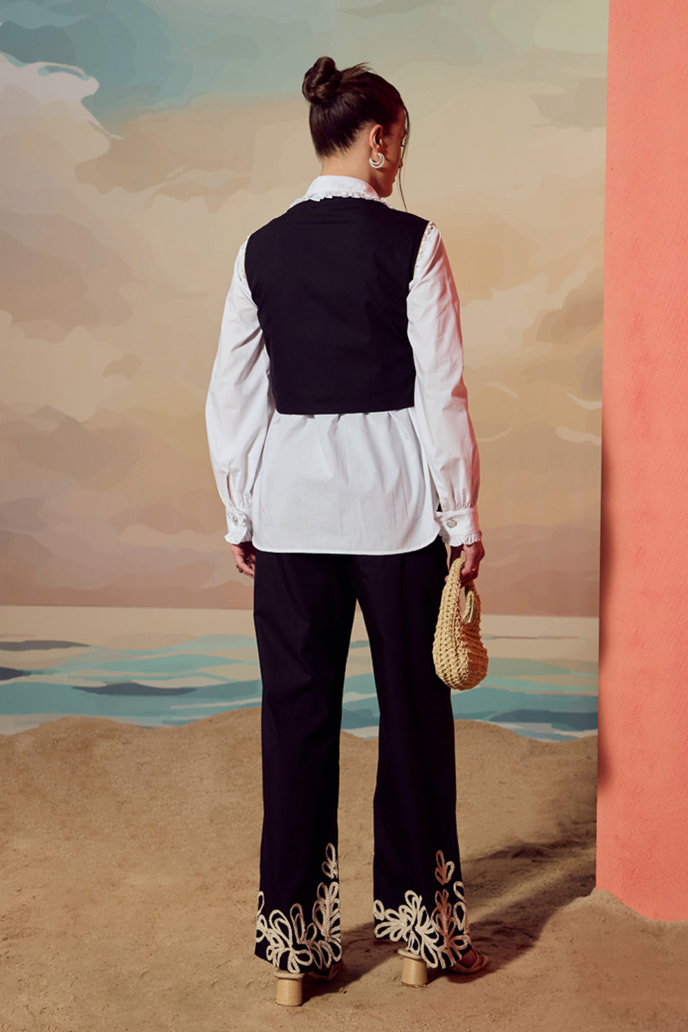 Black & White Cording Vest Set With Shirt