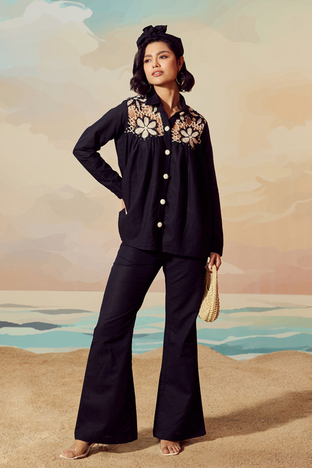 Floral Crochet Linen Pant Set