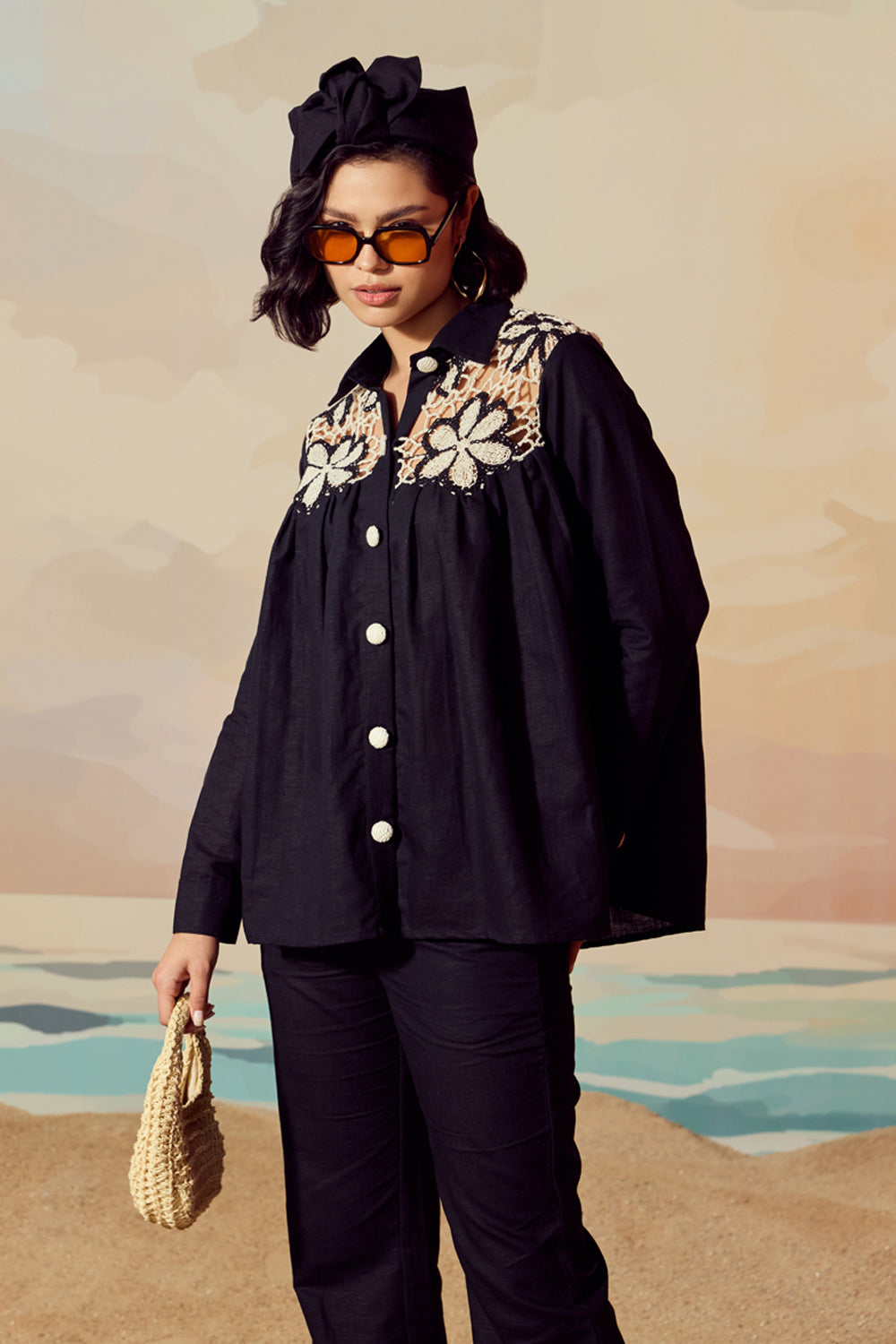 Floral Crochet Linen Pant Set