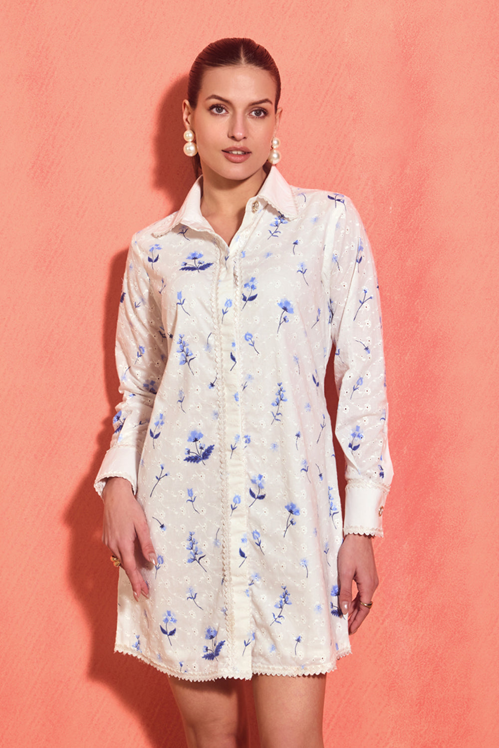 Floral Schiffli Shirt Dress