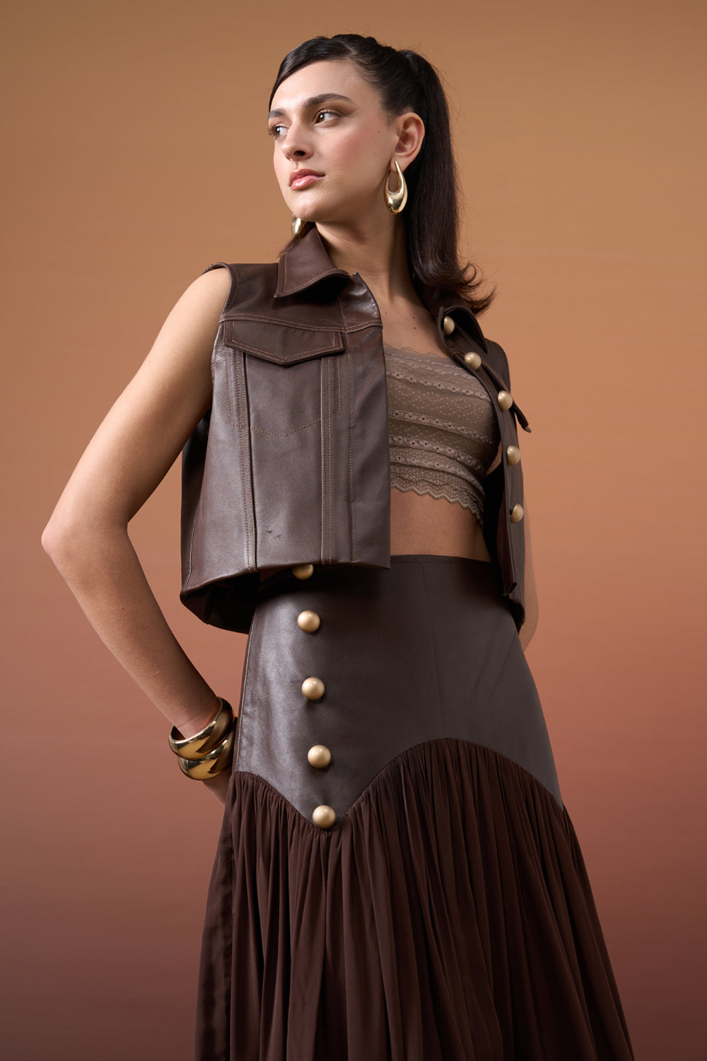 Cocoa Leather Skirt Set