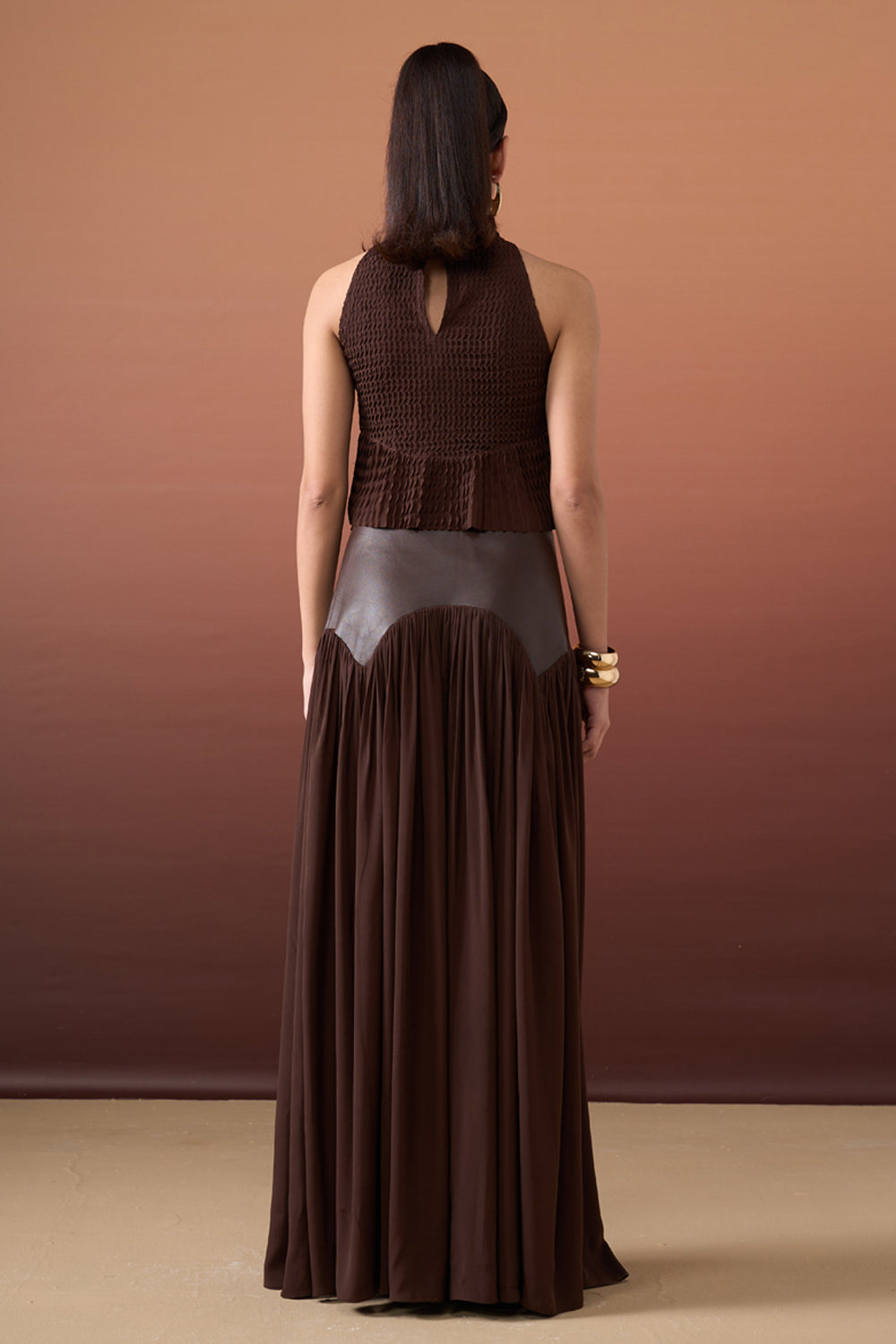 Brown Pleated Top & Skirt Set