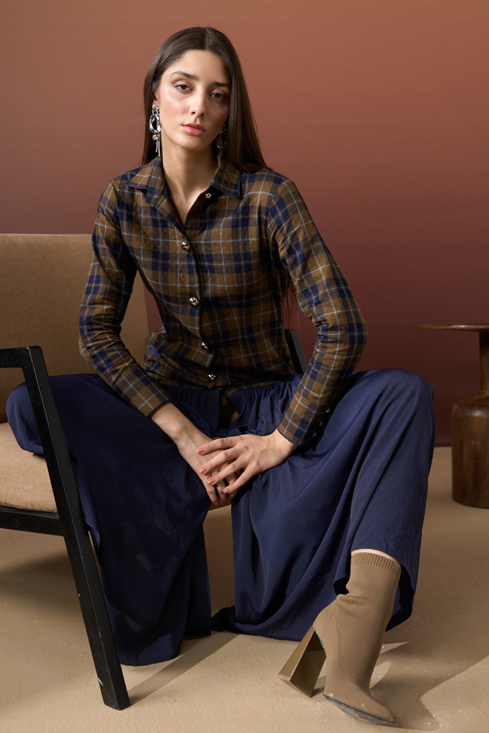 Deep Blue Paid Shirt Dress