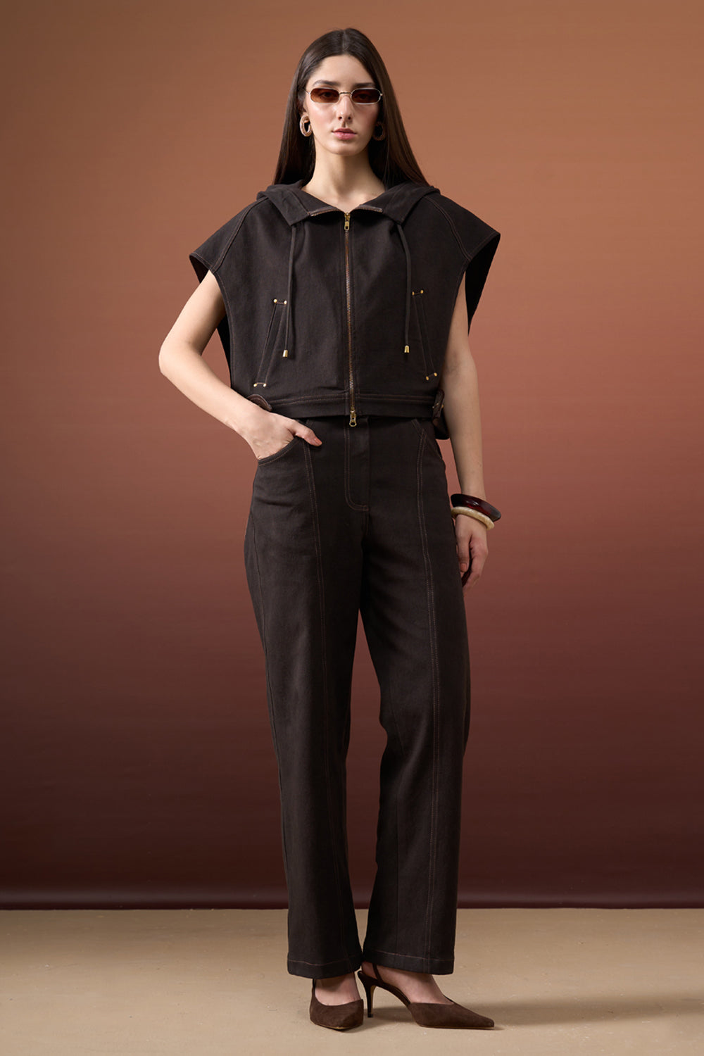 Brown Hoodie Denim Set