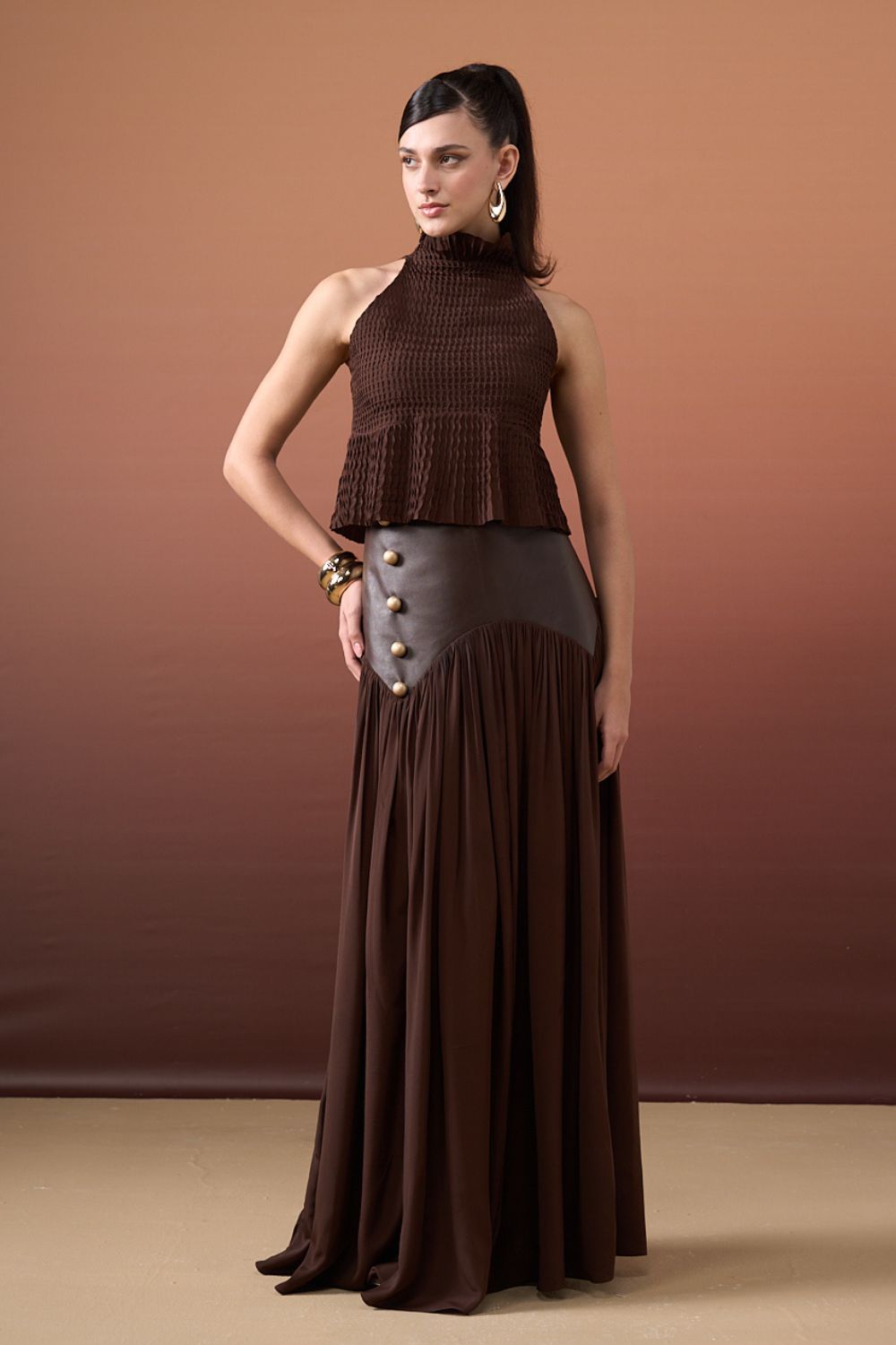 Brown Pleated Top & Skirt Set