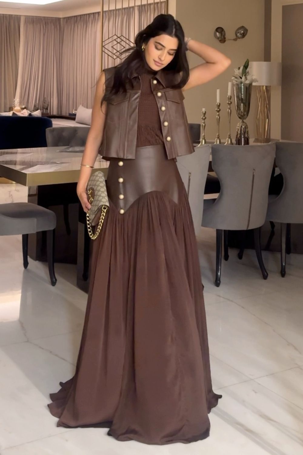 Bhavdeep Kaur In Our Brown Pleated Jacket &amp; Skirt Set