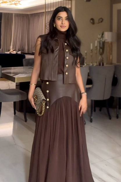 Bhavdeep Kaur In Our Brown Pleated Jacket &amp; Skirt Set