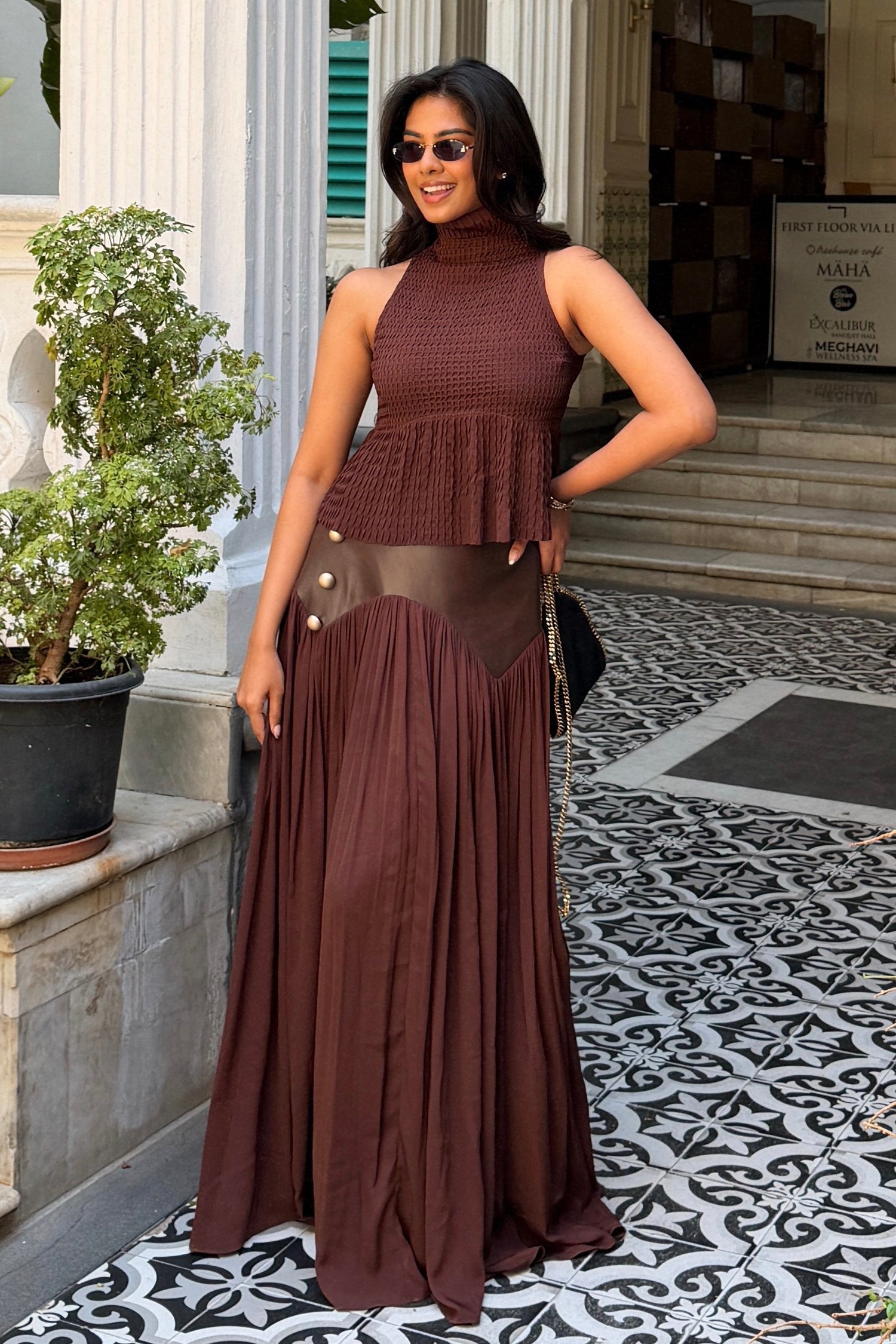 Divya Bopanna In Our Brown Pleated Top &amp; Skirt Set