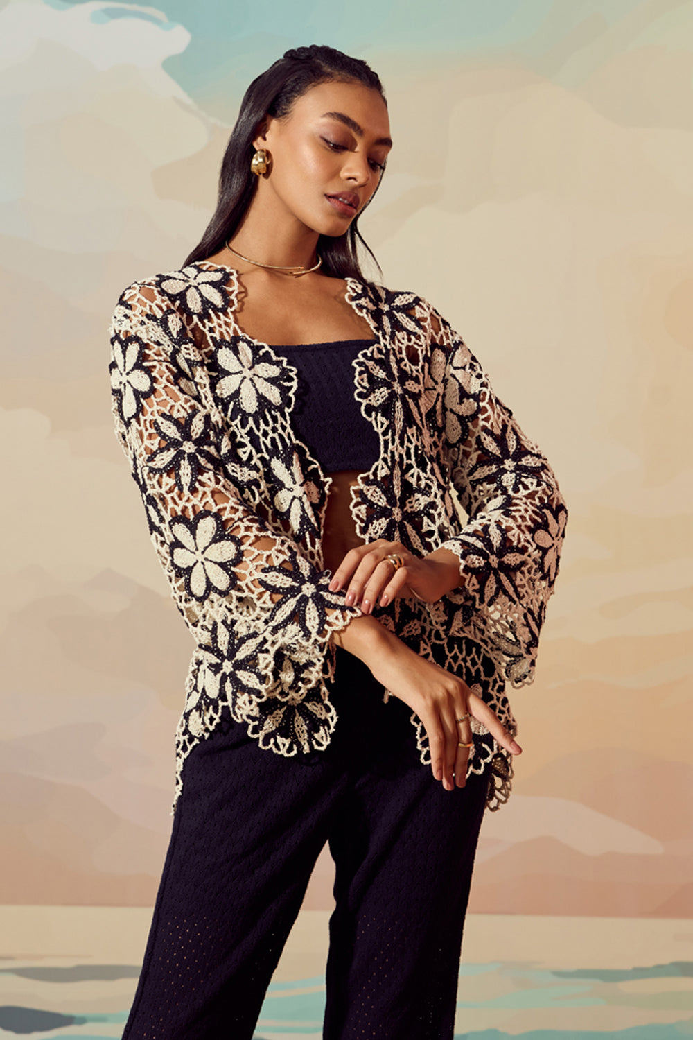 Floral Crochet Jacket With Pants Set