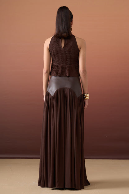 Brown Pleated Top &amp; Skirt Set