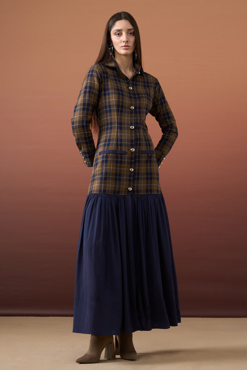 Deep Blue Paid Shirt Dress